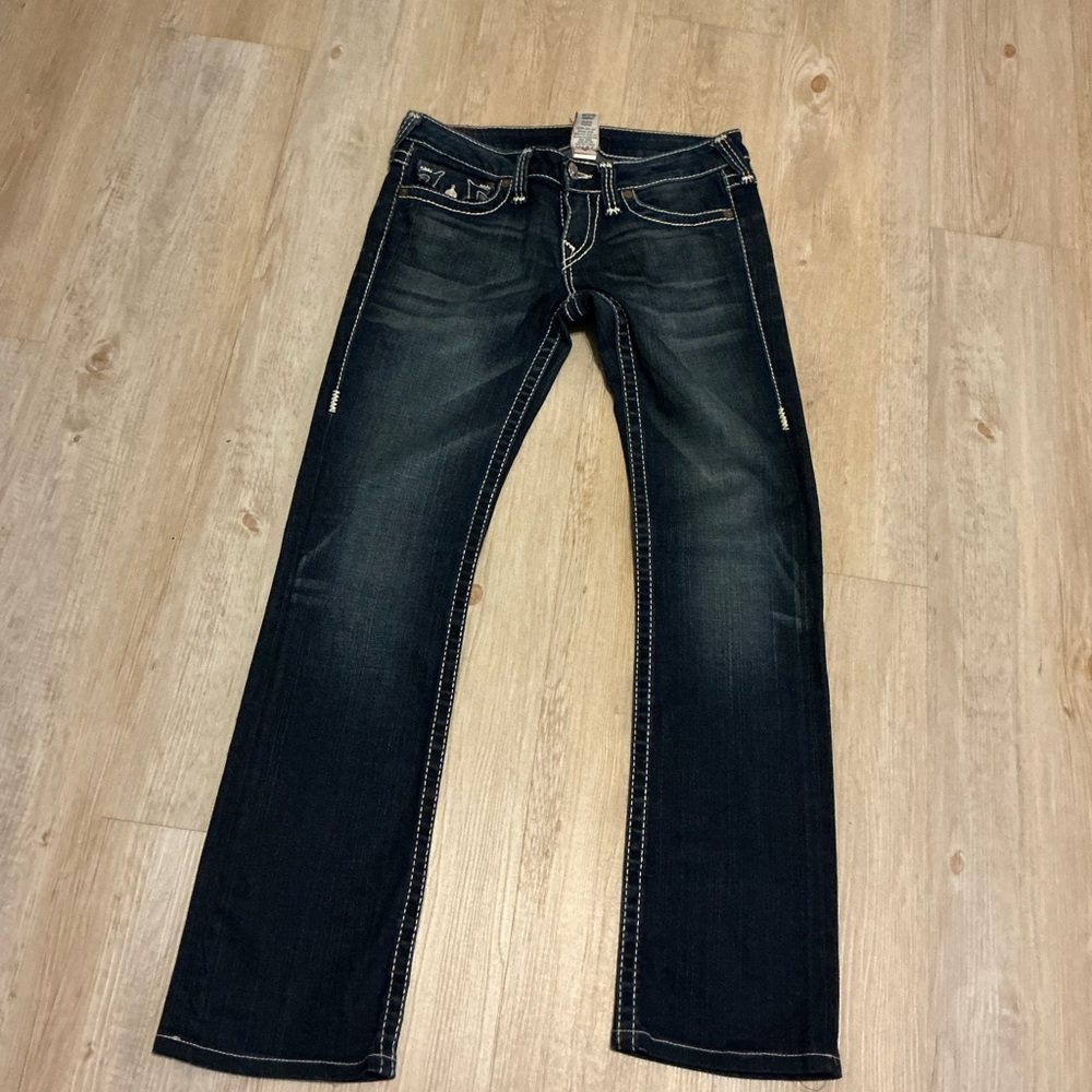 True Religion Men's Dark Indigo Straight Jeans with Contrast Stitching